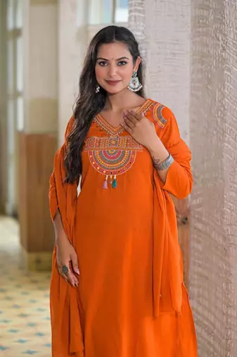 Ethnic orange cotton jaipuri embroidery kurta set