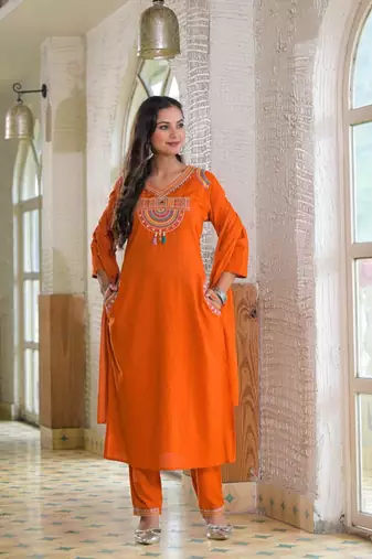 Ethnic orange cotton jaipuri embroidery kurta set