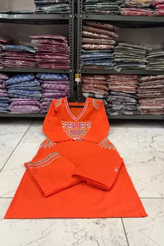 Ethnic orange cotton jaipuri embroidery kurta set