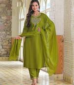 Ethnic green cotton jaipuri embroidery kurta set