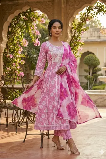 Ethnic pink cotton jaipuri embroidery kurta set