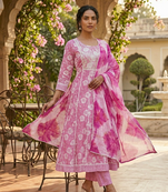 Ethnic pink cotton jaipuri embroidery kurta set