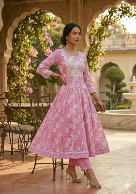 Ethnic pink cotton jaipuri embroidery kurta set 3