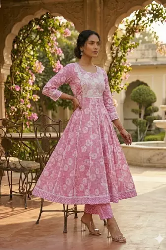 Ethnic pink cotton jaipuri embroidery kurta set