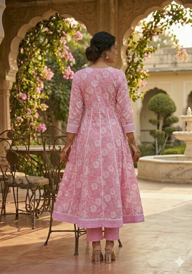 Ethnic pink cotton jaipuri embroidery kurta set 4