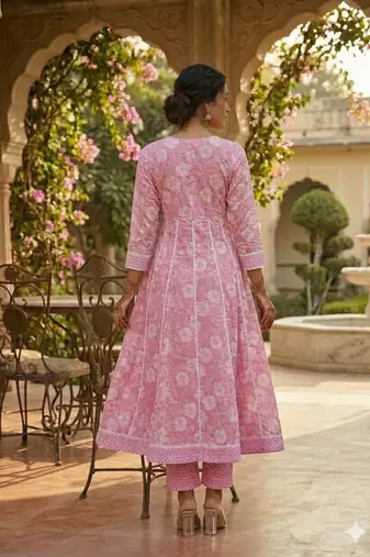 Ethnic pink cotton jaipuri embroidery kurta set