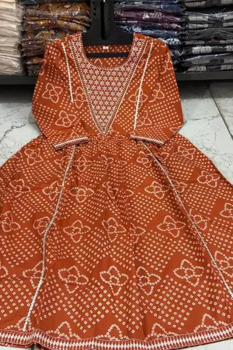Orange cotton embroidered bandni pattern 3-piece anarkali suit set