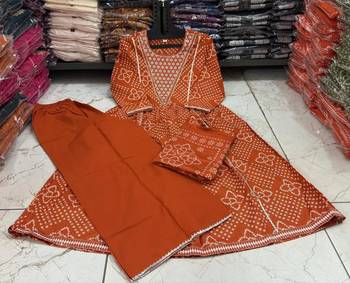 Orange cotton embroidered bandni pattern 3-piece anarkali suit set 5