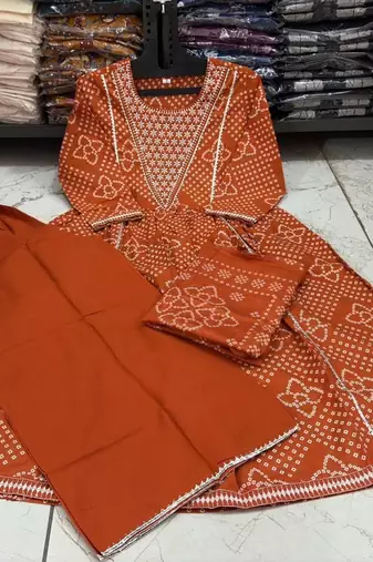 Orange cotton embroidered bandni pattern 3-piece anarkali suit set