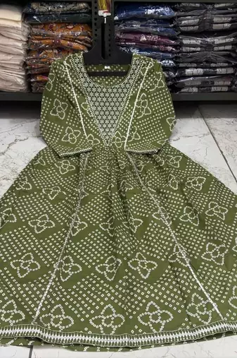 Green cotton embroidered bandni pattern 3-piece anarkali suit set