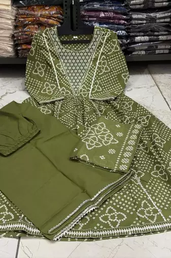 Green cotton embroidered bandni pattern 3-piece anarkali suit set