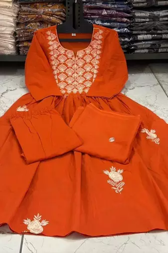 Orange cotton u  embroidered 3-piece anarkali suit set