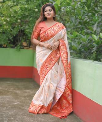 off white meenakari zari soft silk saree with red border 1