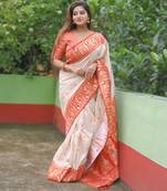 off white meenakari zari soft silk saree with red border