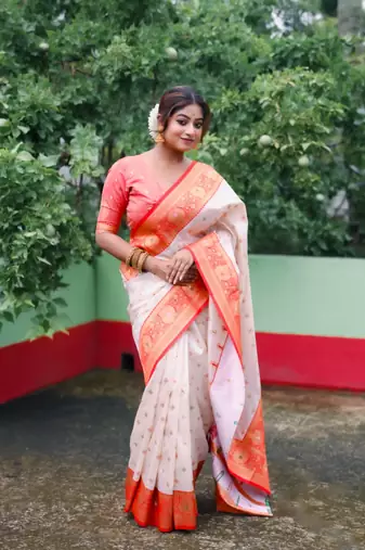 White soft silk meenakari zari weaving saree with contrast blouse piece