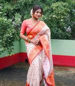 white meenakari zari soft silk saree with red border