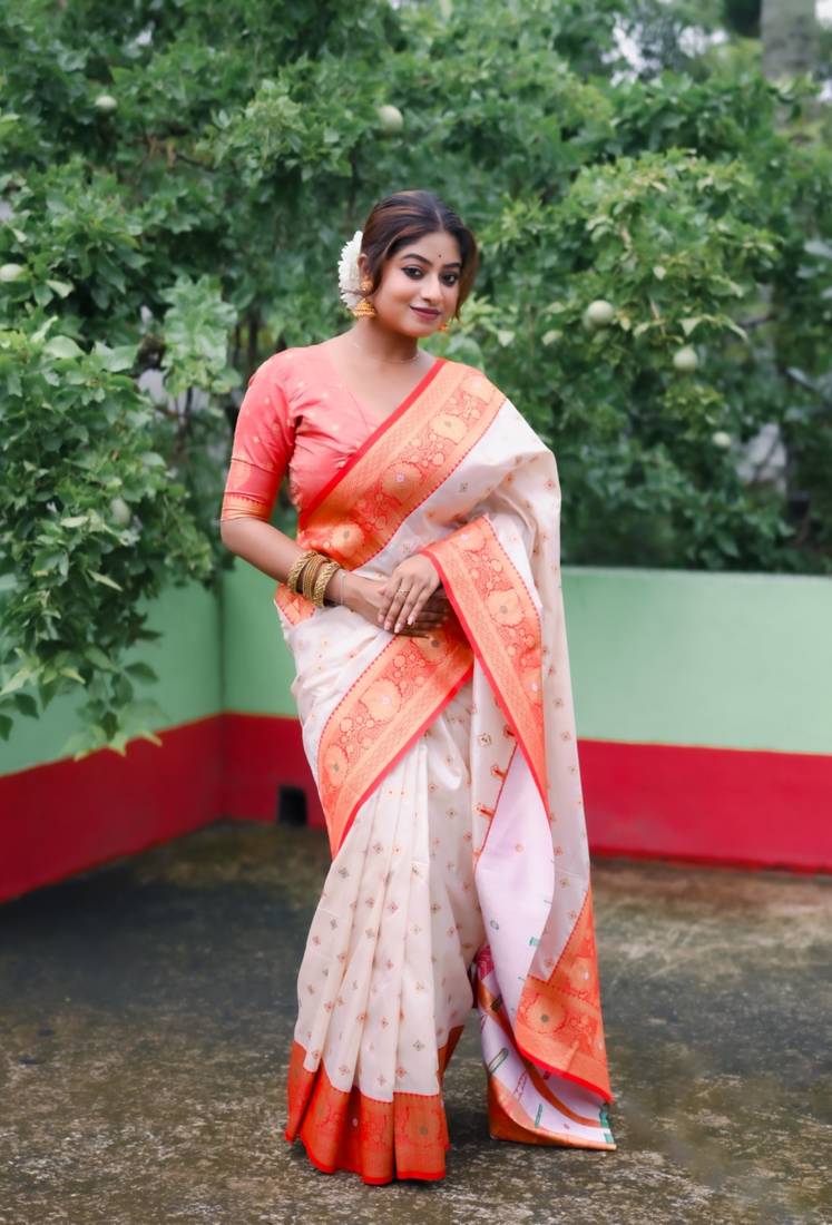 White soft silk meenakari zari weaving saree with contrast blouse piece