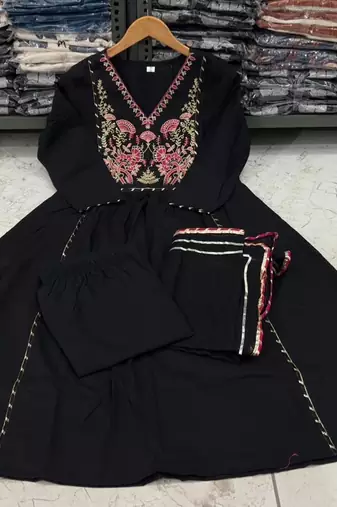 Black v-neck ethnic embroidered indian salwar kameez kurti pant dupatta set for women