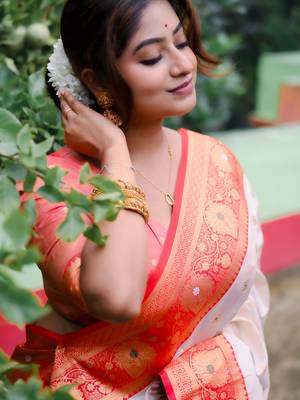 white meenakari zari soft silk saree with red border 3