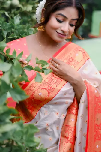 white meenakari zari soft silk saree with red border