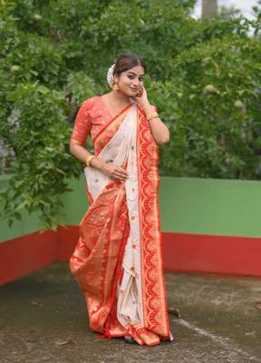 cream meenakari zari soft silk saree with red border 1
