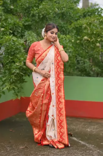 Cream soft silk meenakari zari weaving saree with contrast blouse piece