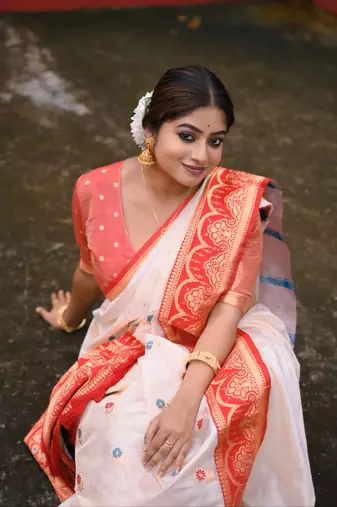 cream meenakari zari soft silk saree with red border