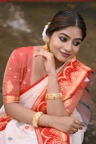 cream meenakari zari soft silk saree with red border