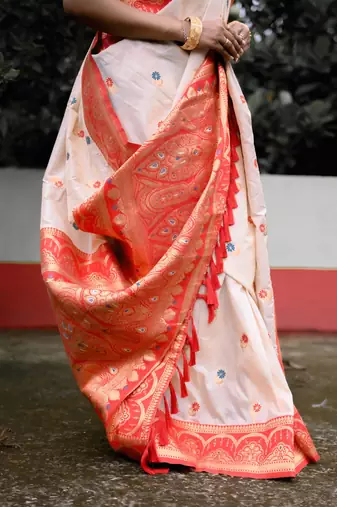 cream meenakari zari soft silk saree with red border