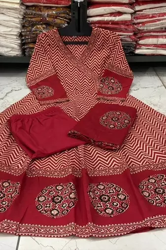 Red chevron printed anarkali kurta set