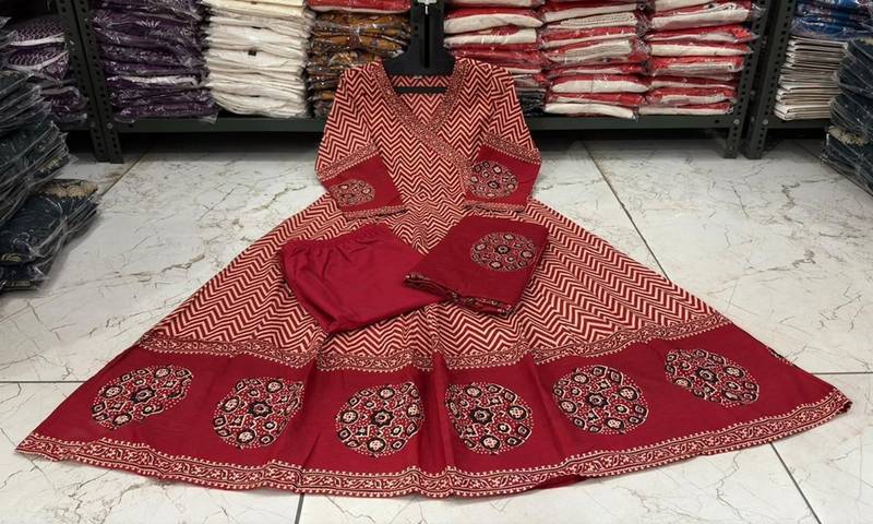 Red chevron printed anarkali kurta set