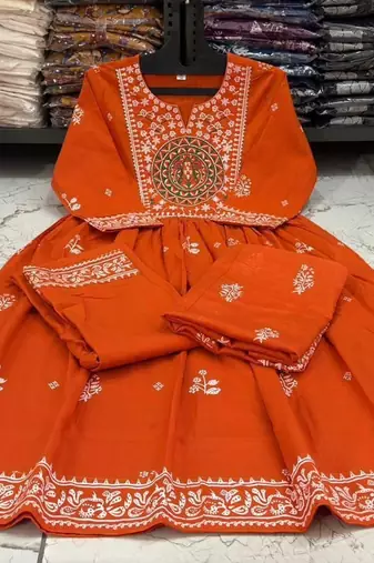 Orange heart-neck ethnic ckl embroidered indian salwar kameez kurti pant dupatta set for women