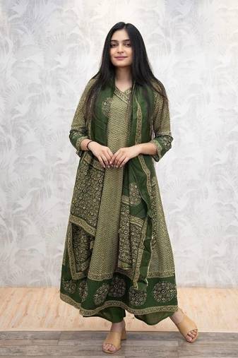 Green chevron printed anarkali kurta set
