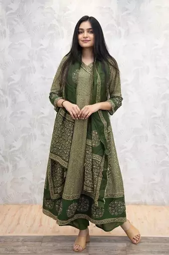 Green chevron printed anarkali kurta set