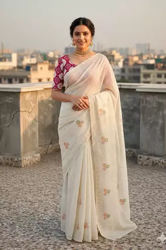 White color embroidery work and multi Thread work with arco cut work border Vichitra Silk Saree
