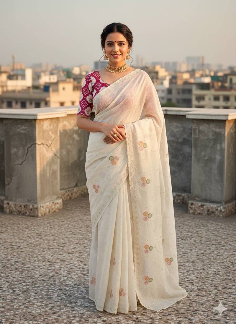 White color embroidery work and multi Thread work with arco cut work border Vichitra Silk Saree