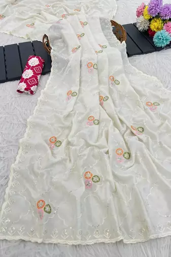 White color embroidery work and multi Thread work with arco cut work border Vichitra art silk saree