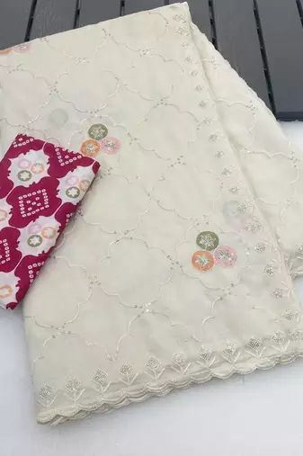 White color embroidery work and multi Thread work with arco cut work border Vichitra art silk saree