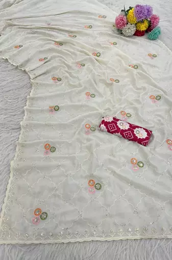 White color embroidery work and multi Thread work with arco cut work border Vichitra art silk saree