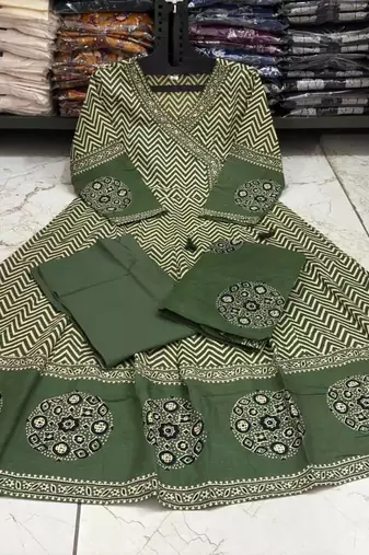 Green chevron printed anarkali kurta set