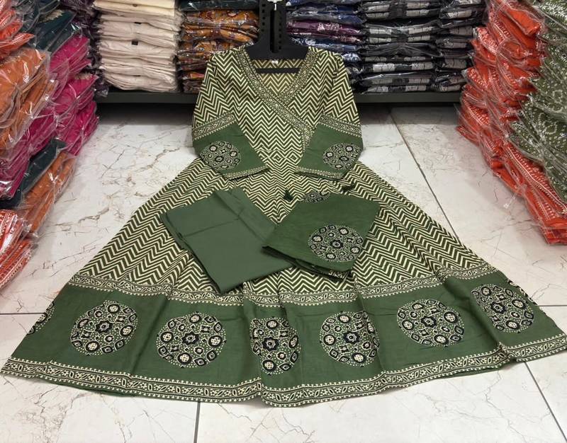 Green chevron printed anarkali kurta set