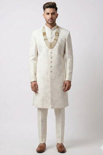 royal white embroidered raw silk sherwani