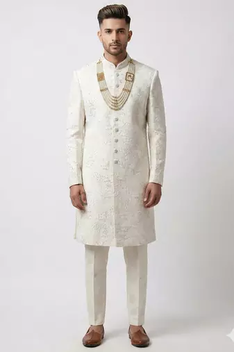 royal white embroidered raw silk sherwani
