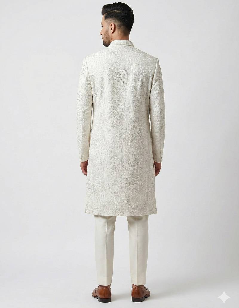 royal white embroidered raw silk sherwani