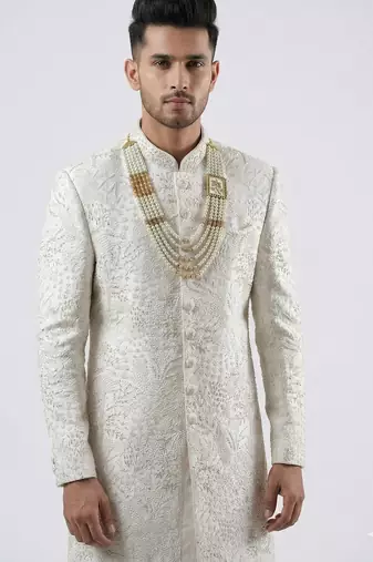 royal white embroidered raw silk sherwani