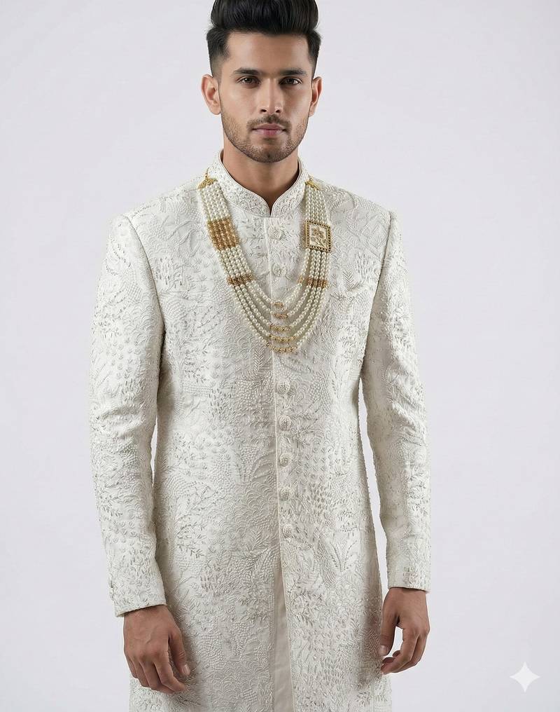 royal white embroidered raw silk sherwani