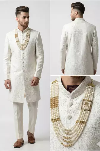 royal white embroidered raw silk sherwani