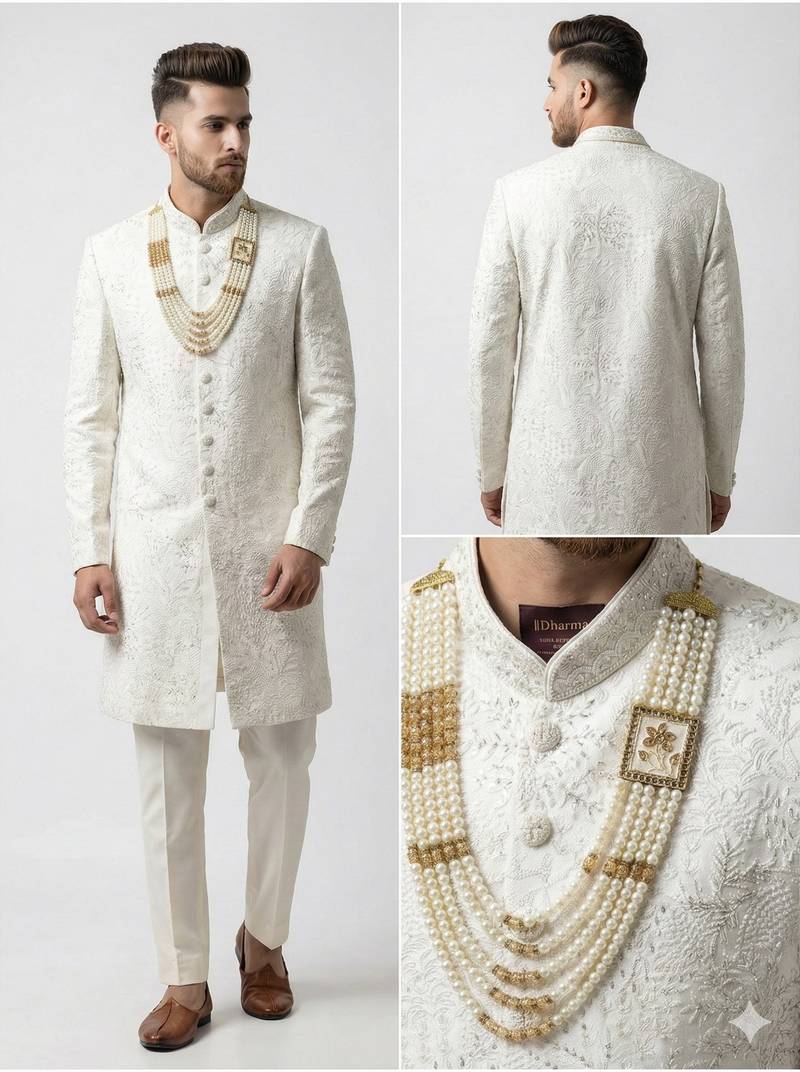 royal white embroidered raw silk sherwani