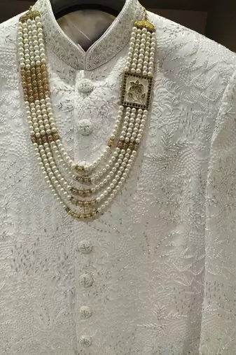 royal white embroidered raw silk sherwani