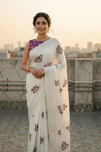 White color  embroidery work and multi Thread work with cut work border Vichitra Silk Saree 